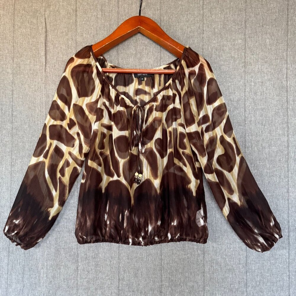 90s Vintage Karen Kane 100% Silk Brown Giraffe Print Ballon Sleeve Blouse Size M